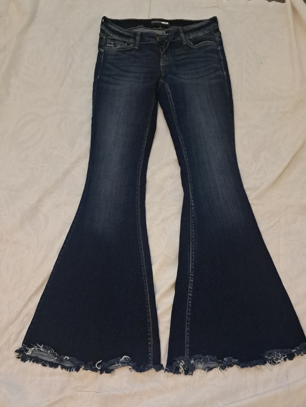 Fashion Nova Dark Indigo Frayed Hem Wide Leg Jeans